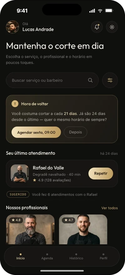 Tela inicial do app de agendamento
